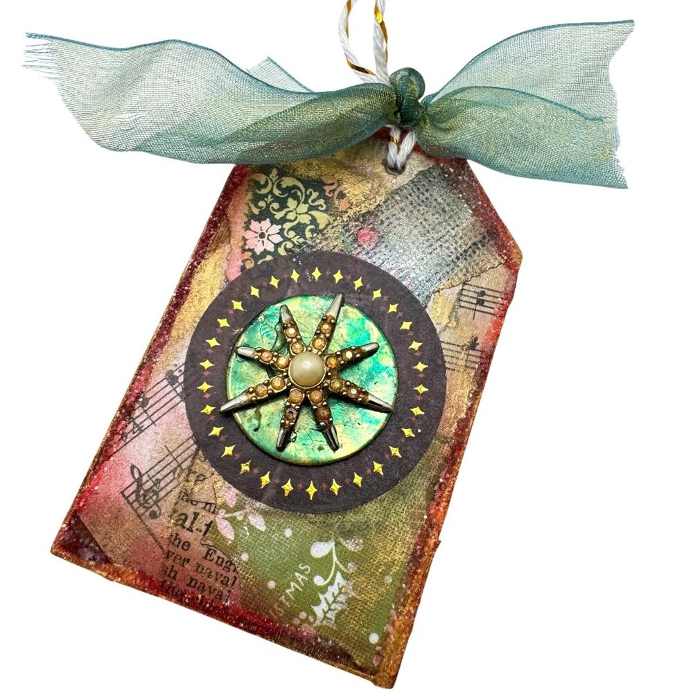 Handcrafted Ornament OOAK Collage Star Gold green Red & Pearl Accents Ribbon